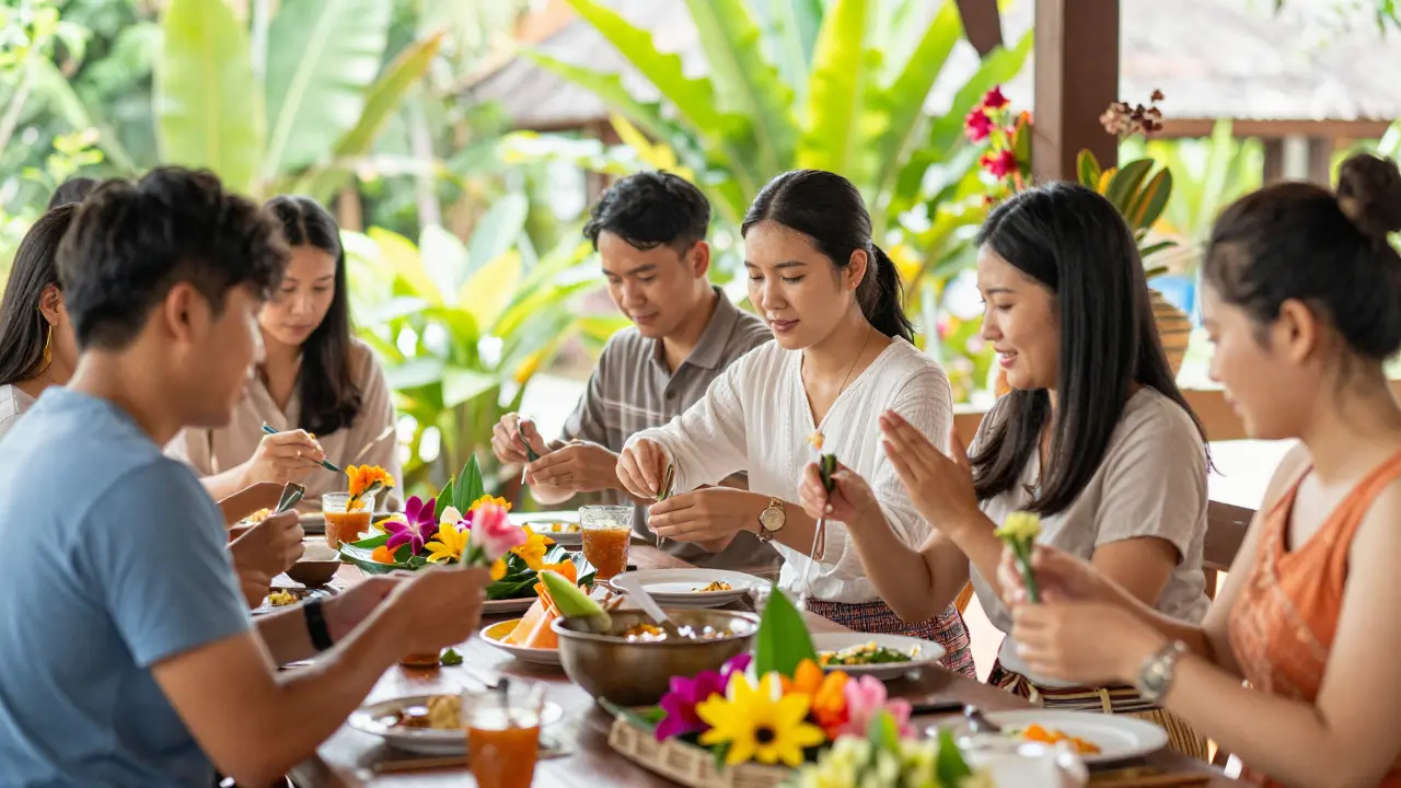Tourists enjoying a traditional Thai cultural workshop under sunny skies.