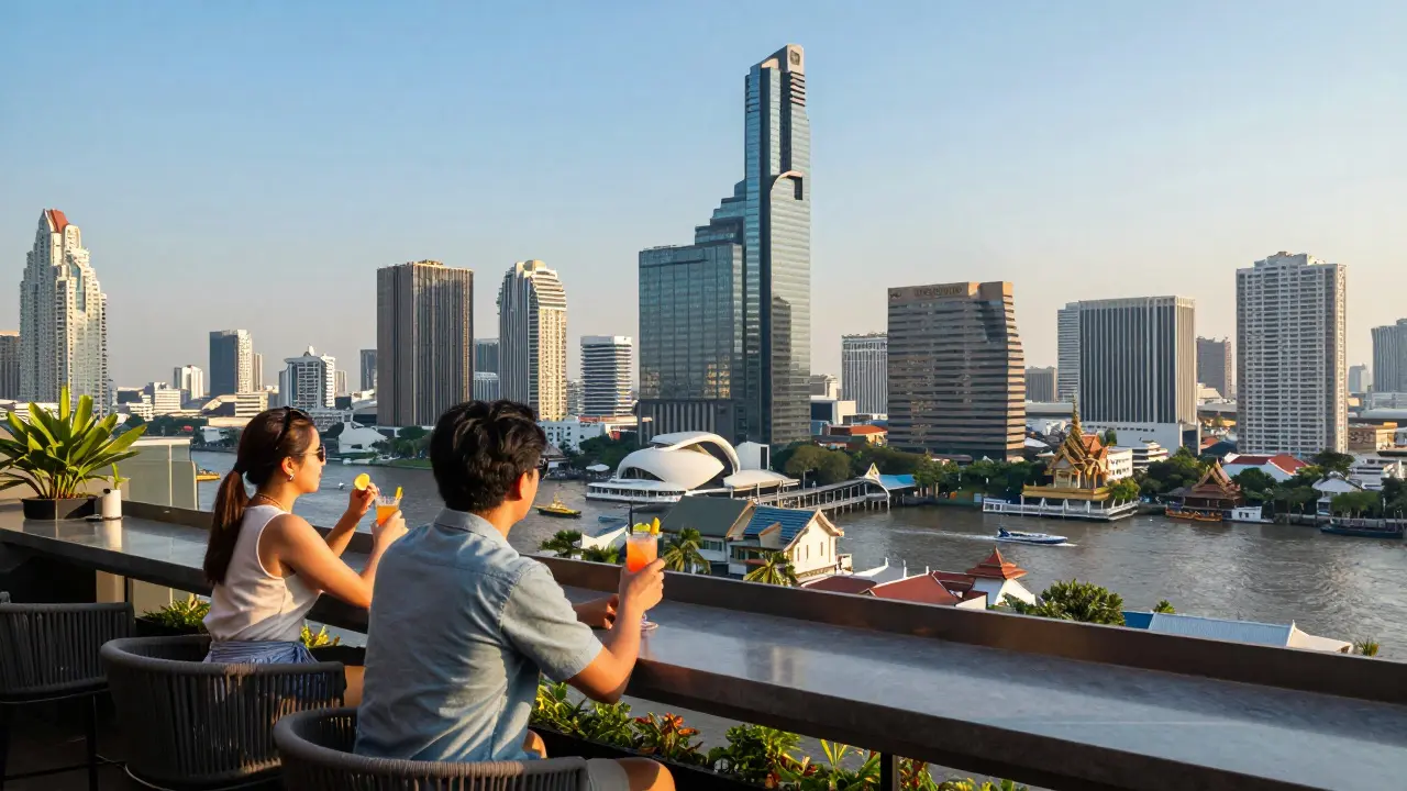 Tourists enjoying drinks at a sunny Bangkok rooftop bar with city views