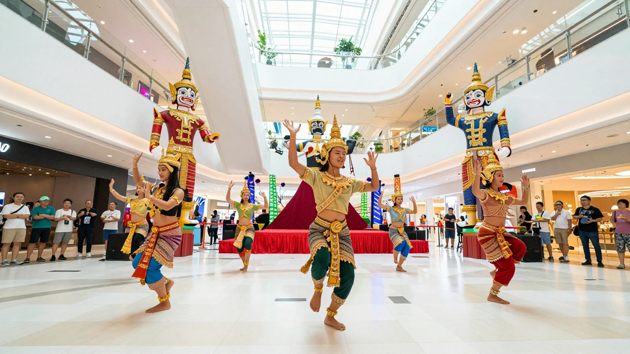 Traditional Thai dance and puppetry show in a modern mall atrium