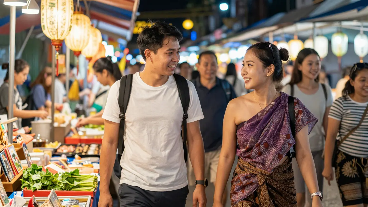 Traveler and local companion exploring a vibrant Thai night market together