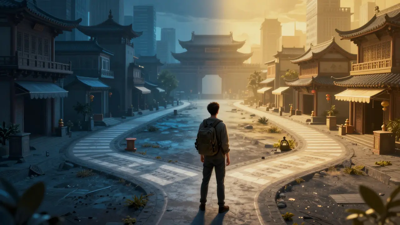 Traveler at a crossroads choosing between shadowy alleys and bright culture.