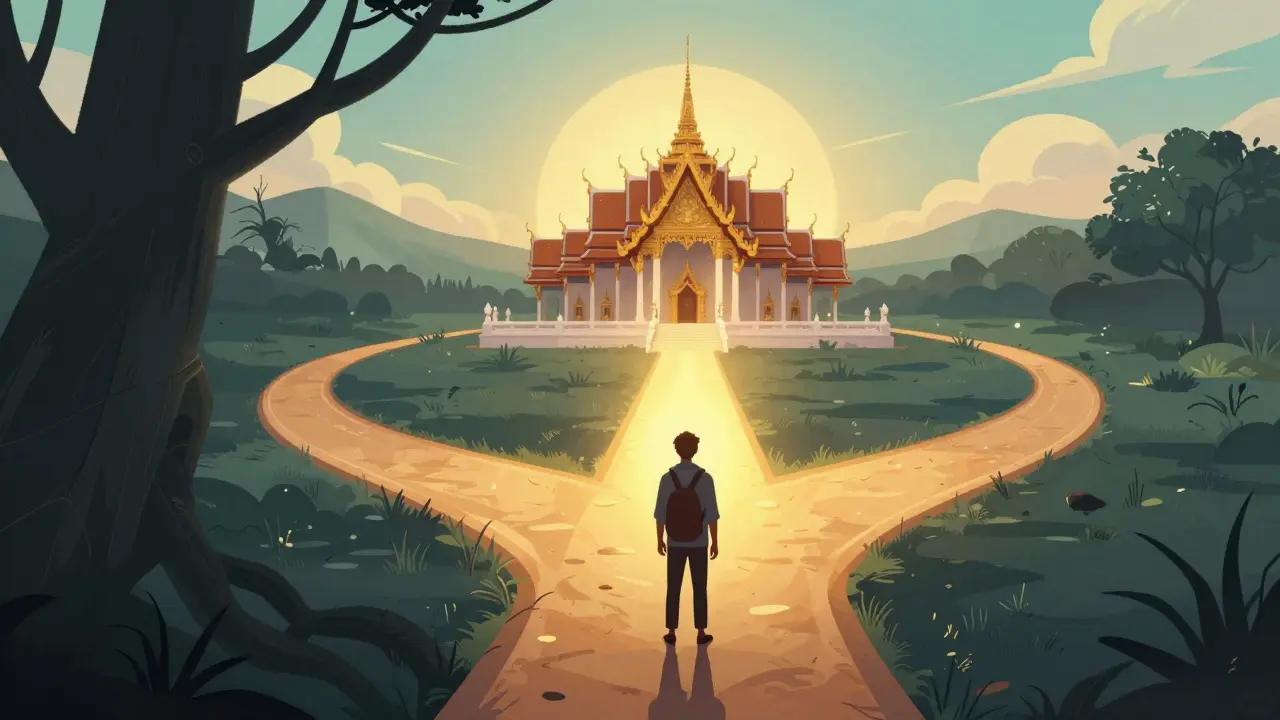Traveler choosing ethical path over dark shadows