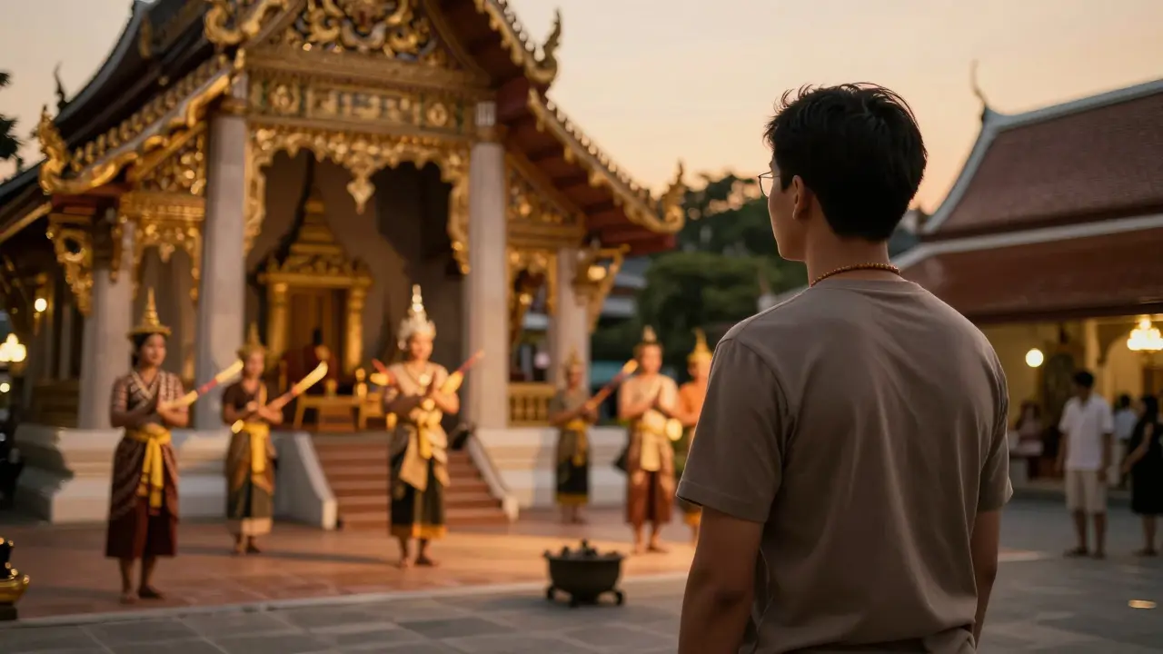 Traveler respectfully observing Thai culture at dusk, emphasizing dignity
