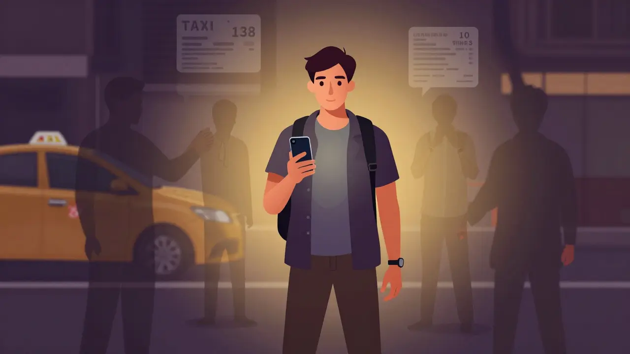 Traveler using phone app amidst fading scam silhouettes
