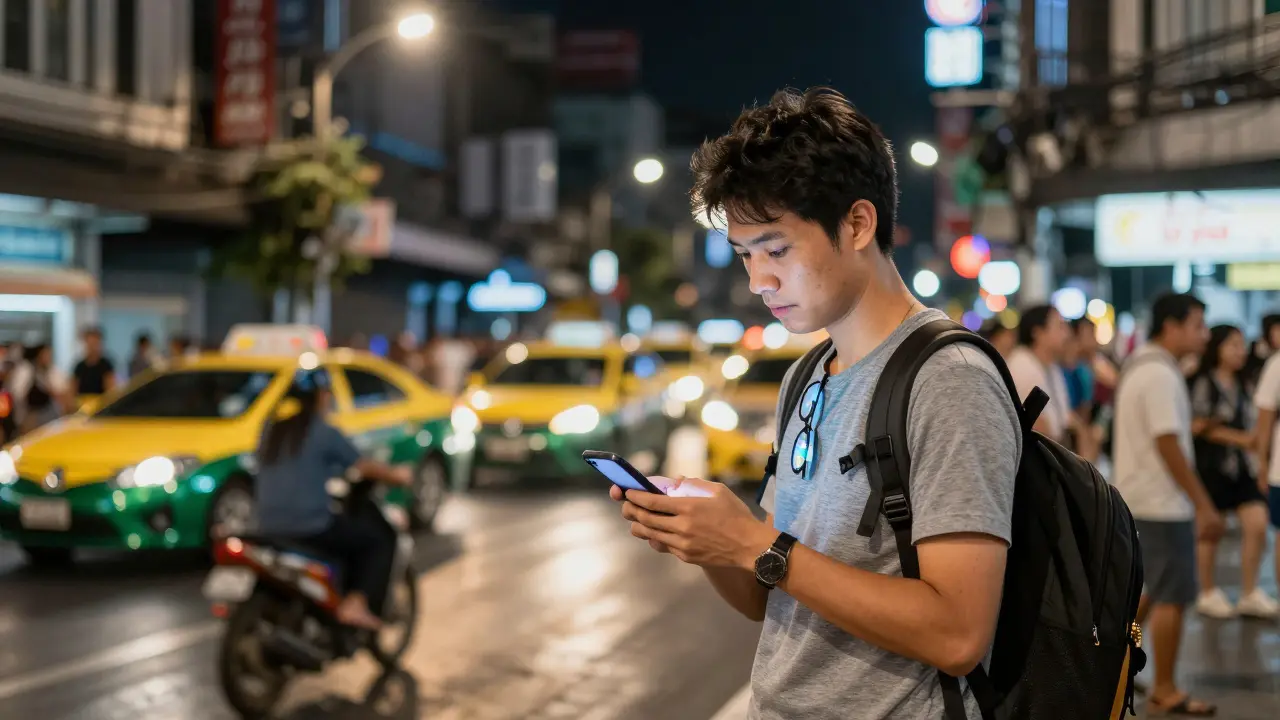 Traveler using phone for navigation on busy Bangkok street at night