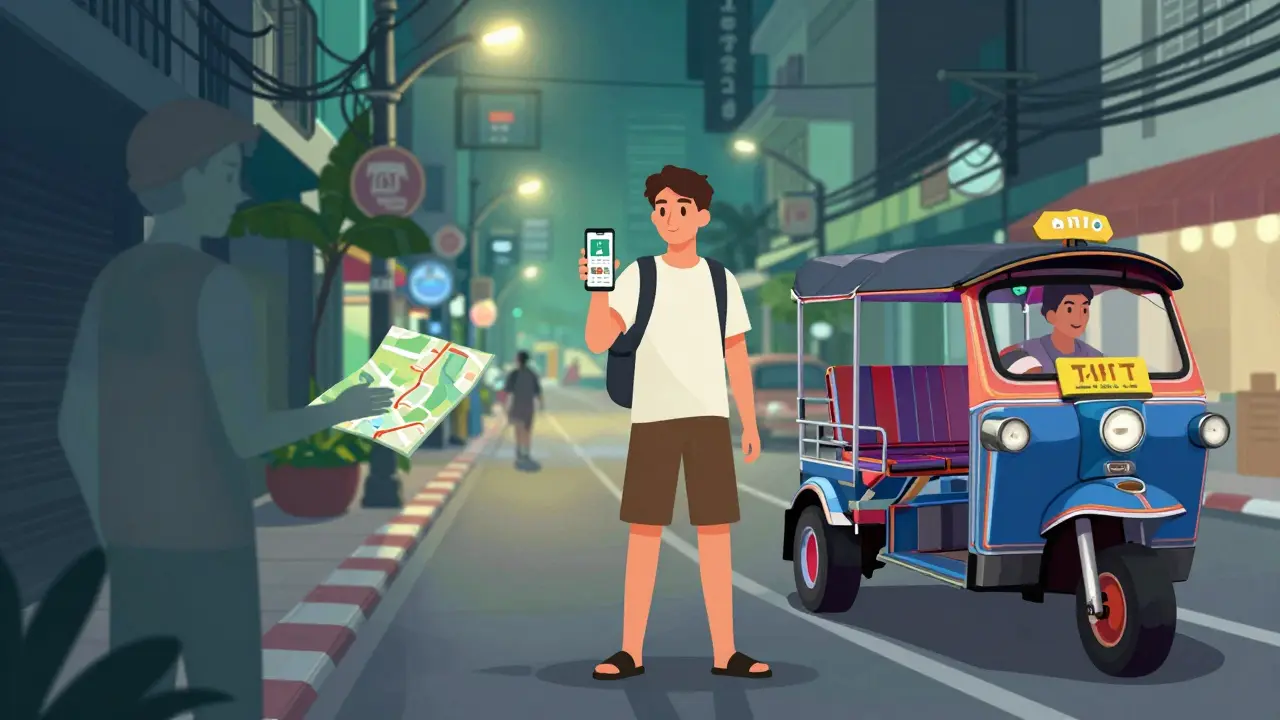 Traveler using phone for safe transport on a lit Bangkok street