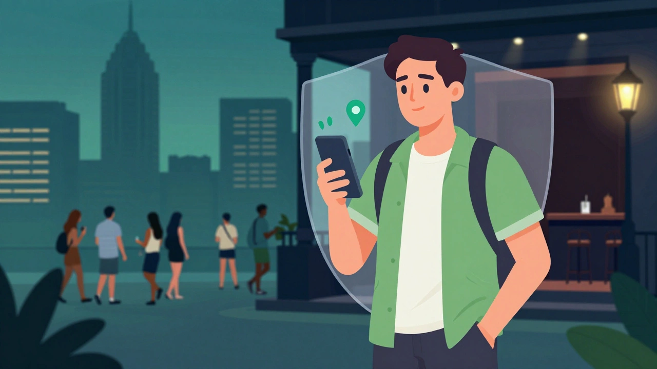 Traveler using phone for safety in public area near club