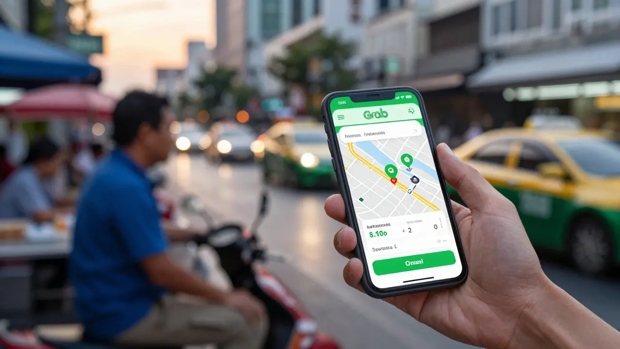 Traveler using ride-hailing app on phone in Bangkok street