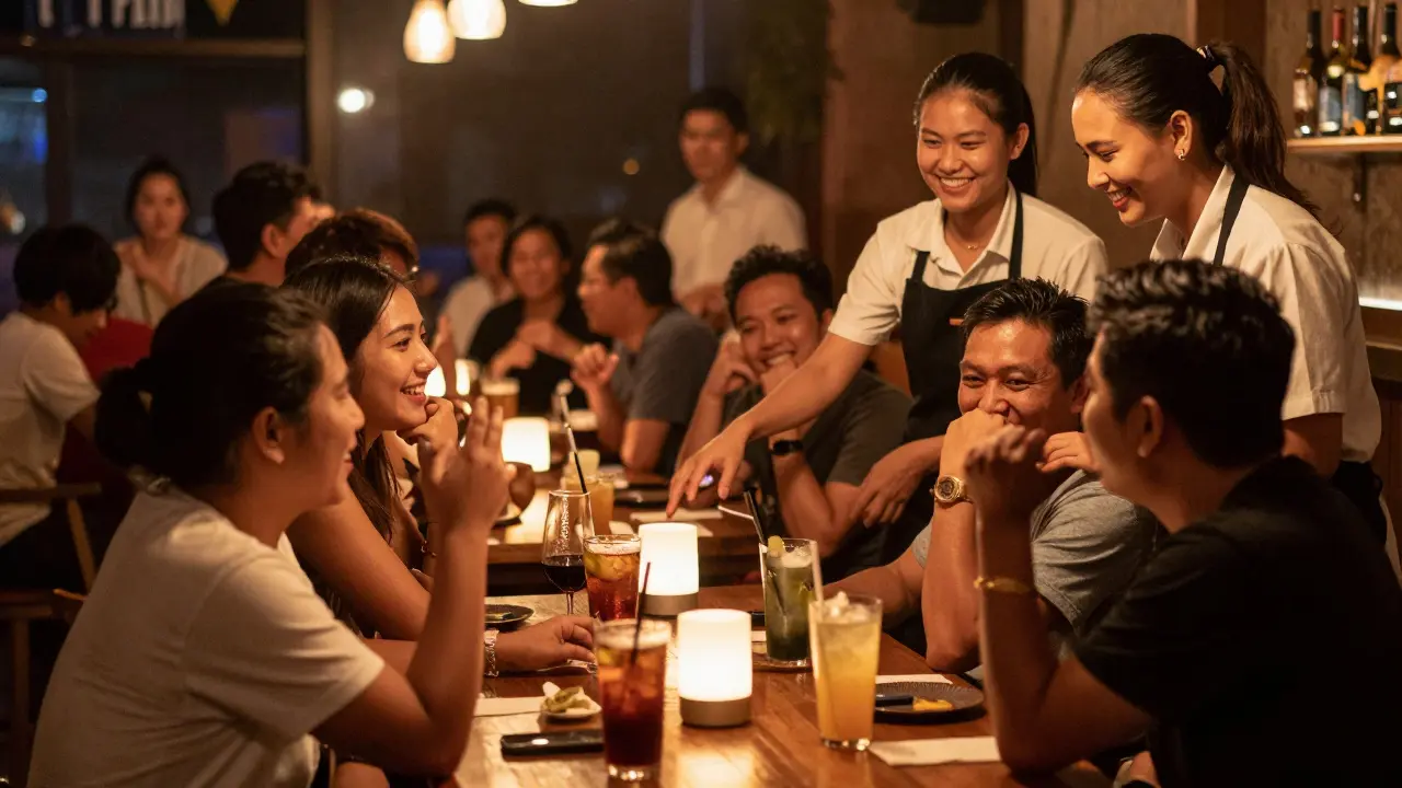 Travelers enjoying drinks and conversation inside a lively Thai social club