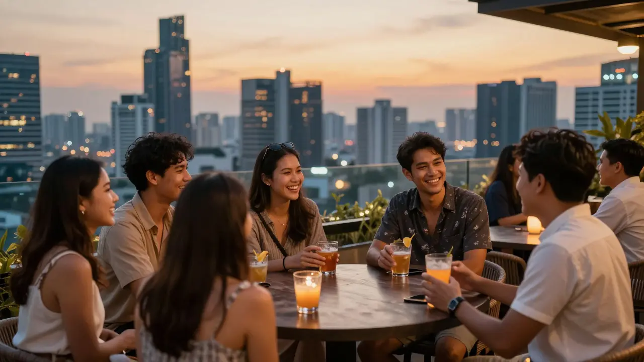 Travelers enjoying drinks at a safe Bangkok rooftop bar