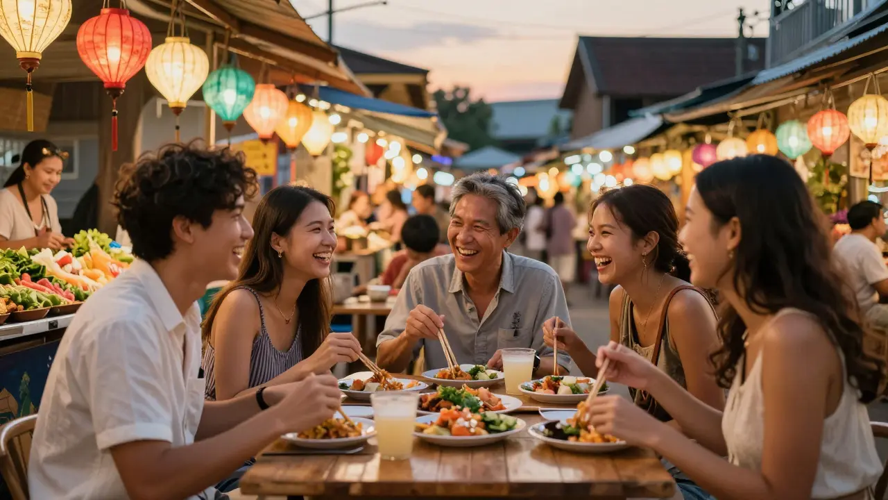 Travelers enjoying food and culture at a vibrant Thai night market