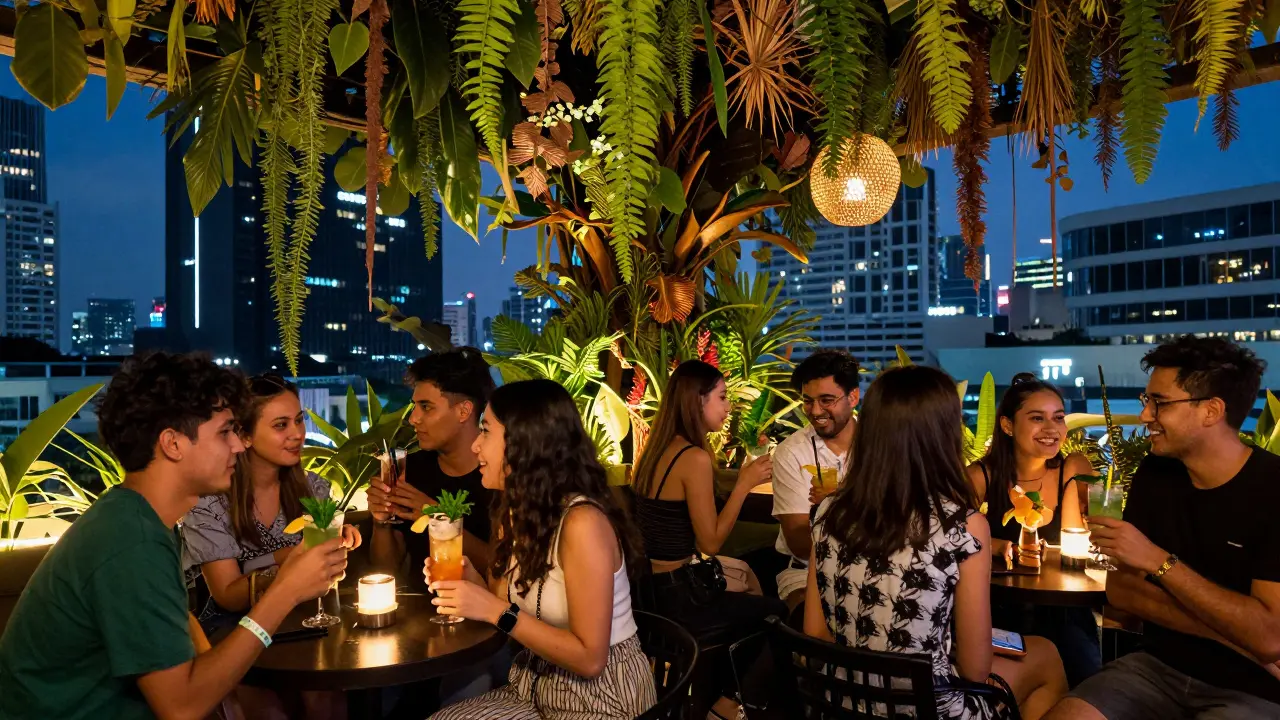 Trendy jungle-themed rooftop bar with lush greenery