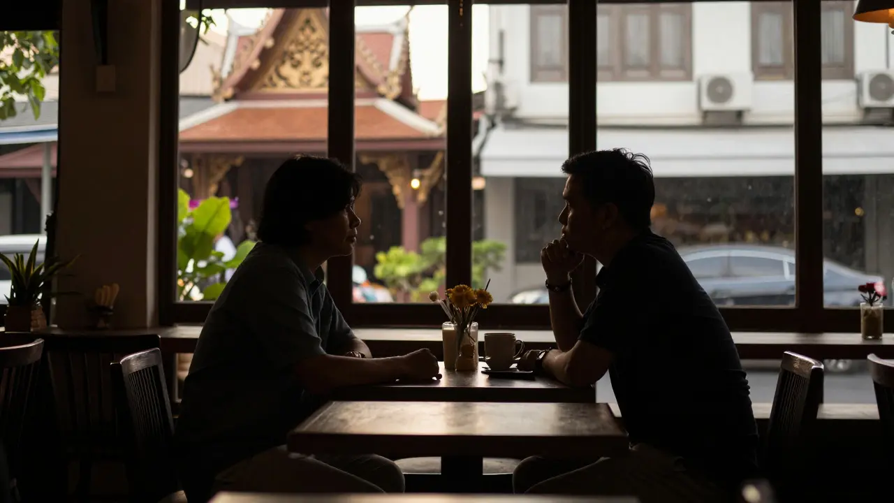 Two people having a polite conversation in a quiet Bangkok cafe