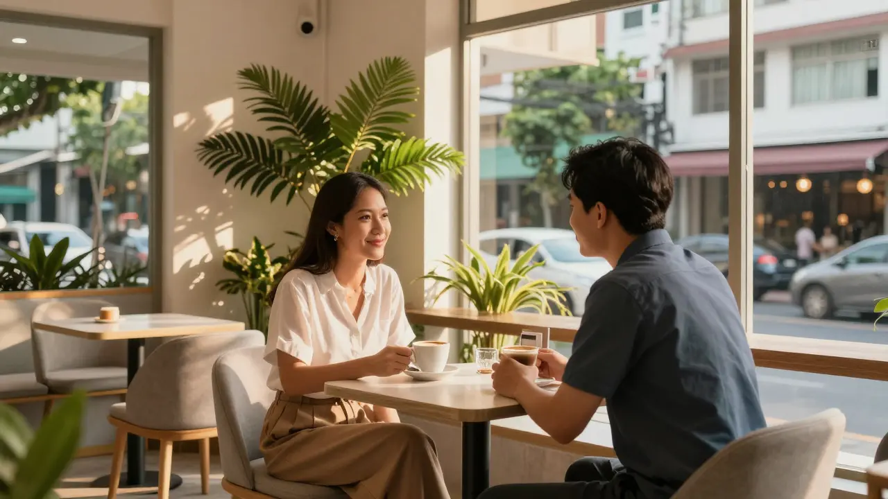 Two people having a respectful conversation in a safe, upscale Bangkok café during golden hour.