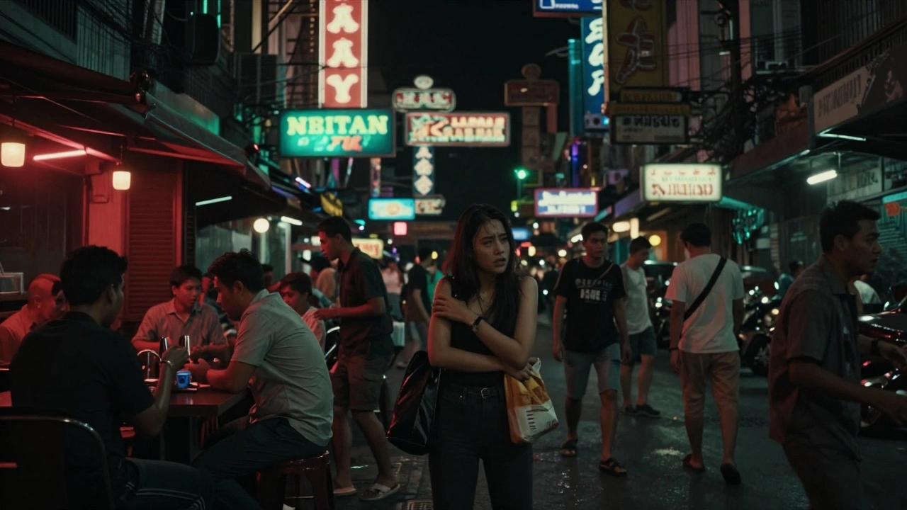 Uneasy traveler in crowded, dimly lit red-light district street