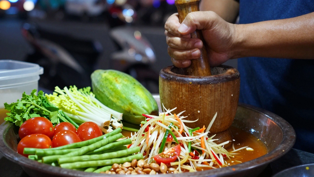 Vendor preparing spicy papaya salad with mortar and pestle