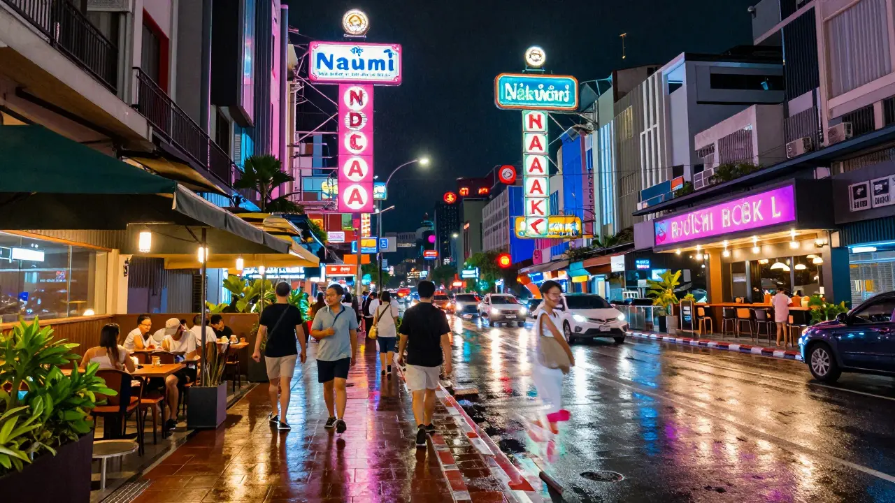 Vibrant Bangkok nightlife street scene with neon lights