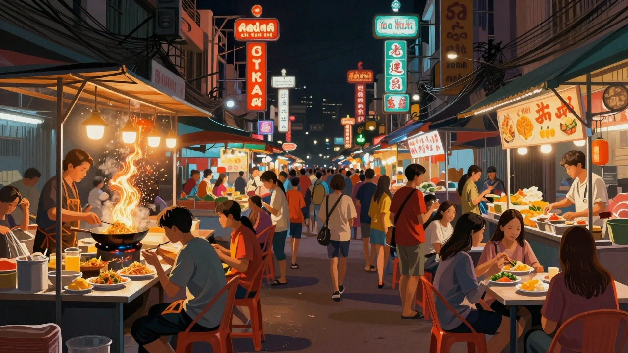 Vibrant night view of Banthat Thong Road vendors cooking and serving crowds