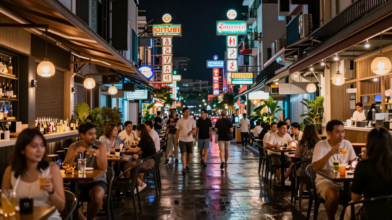 Vibrant, safe Bangkok nightlife scene with people at modern bars
