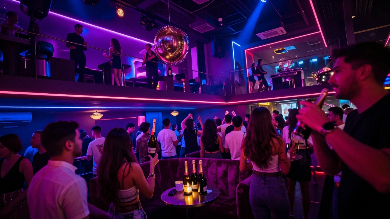 VIP section of a crowded Bangkok nightclub with neon lights and champagne