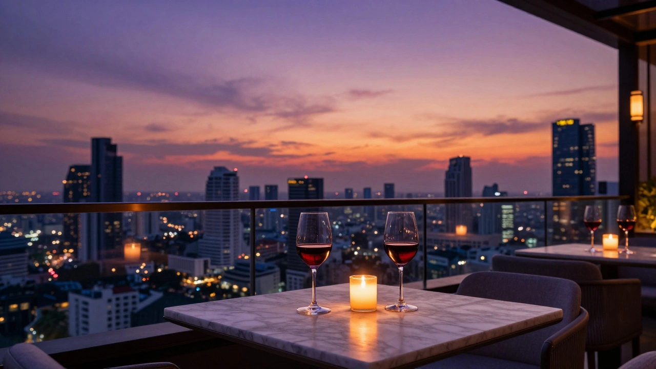 Wine glasses on a rooftop bar with Bangkok sunset skyline view