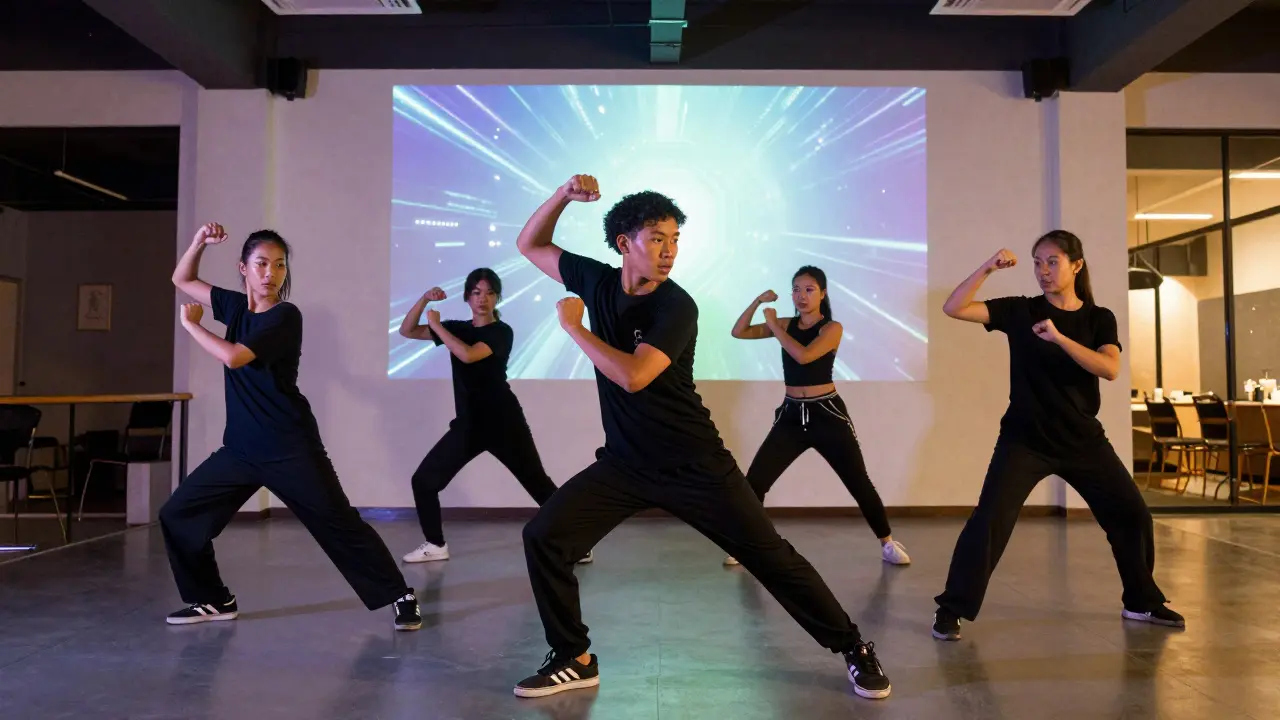 Young Thai artists performing hybrid dance with digital projections
